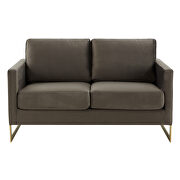 Modern mid-century upholstered dark gray velvet loveseat with gold frame by Leisure Mod additional picture 3