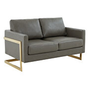 Modern mid-century upholstered gray leather loveseat with gold frame additional photo 2 of 6
