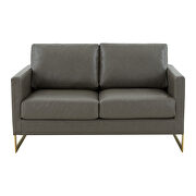 Modern mid-century upholstered gray leather loveseat with gold frame additional photo 3 of 6