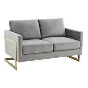 Modern mid-century upholstered light gray velvet loveseat with gold frame by Leisure Mod additional picture 2