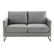 Modern mid-century upholstered light gray velvet loveseat with gold frame by Leisure Mod additional picture 3