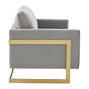 Modern mid-century upholstered light gray velvet loveseat with gold frame by Leisure Mod additional picture 5
