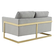 Modern mid-century upholstered light gray velvet loveseat with gold frame by Leisure Mod additional picture 6