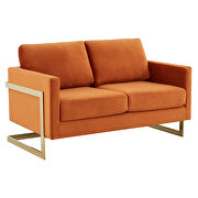 Modern mid-century upholstered orange marmalade velvet loveseat with gold frame by Leisure Mod additional picture 2