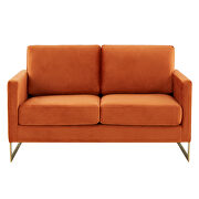 Modern mid-century upholstered orange marmalade velvet loveseat with gold frame by Leisure Mod additional picture 3