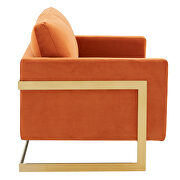 Modern mid-century upholstered orange marmalade velvet loveseat with gold frame by Leisure Mod additional picture 5