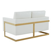Modern mid-century upholstered white leather loveseat with gold frame by Leisure Mod additional picture 6