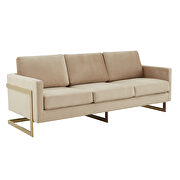 Modern mid-century upholstered beige velvet sofa with gold frame by Leisure Mod additional picture 2