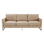 Modern mid-century upholstered beige velvet sofa with gold frame by Leisure Mod additional picture 3
