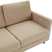 Modern mid-century upholstered beige velvet sofa with gold frame by Leisure Mod additional picture 4