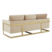 Modern mid-century upholstered beige velvet sofa with gold frame by Leisure Mod additional picture 6