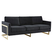 Modern mid-century upholstered midnight black velvet sofa with gold frame by Leisure Mod additional picture 2