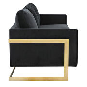 Modern mid-century upholstered midnight black velvet sofa with gold frame by Leisure Mod additional picture 5