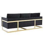 Modern mid-century upholstered midnight black velvet sofa with gold frame by Leisure Mod additional picture 6