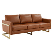 Modern mid-century upholstered cognac tan leather sofa with gold frame by Leisure Mod additional picture 2