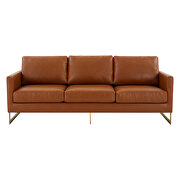 Modern mid-century upholstered cognac tan leather sofa with gold frame by Leisure Mod additional picture 3
