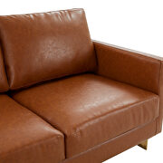 Modern mid-century upholstered cognac tan leather sofa with gold frame by Leisure Mod additional picture 4