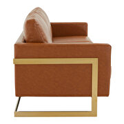 Modern mid-century upholstered cognac tan leather sofa with gold frame by Leisure Mod additional picture 5