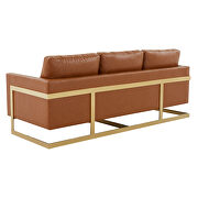 Modern mid-century upholstered cognac tan leather sofa with gold frame by Leisure Mod additional picture 6