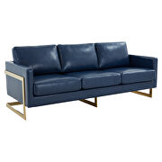 Modern mid-century upholstered navy blue leather sofa with gold frame by Leisure Mod additional picture 2