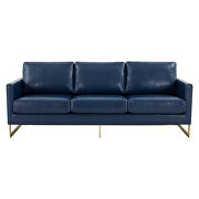 Modern mid-century upholstered navy blue leather sofa with gold frame by Leisure Mod additional picture 3