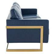 Modern mid-century upholstered navy blue leather sofa with gold frame by Leisure Mod additional picture 5