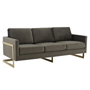 Modern mid-century upholstered dark gray velvet sofa with gold frame by Leisure Mod additional picture 2