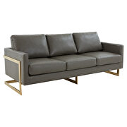 Modern mid-century upholstered gray leather sofa with gold frame by Leisure Mod additional picture 2