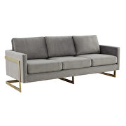 Modern mid-century upholstered light gray velvet sofa with gold frame by Leisure Mod additional picture 2