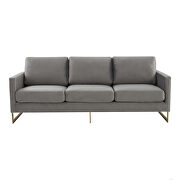 Modern mid-century upholstered light gray velvet sofa with gold frame by Leisure Mod additional picture 3