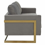 Modern mid-century upholstered light gray velvet sofa with gold frame by Leisure Mod additional picture 5