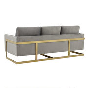 Modern mid-century upholstered light gray velvet sofa with gold frame by Leisure Mod additional picture 6
