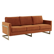 Modern mid-century upholstered orange marmalade velvet sofa with gold frame by Leisure Mod additional picture 2