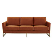 Modern mid-century upholstered orange marmalade velvet sofa with gold frame by Leisure Mod additional picture 3