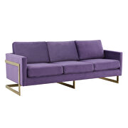Modern mid-century upholstered purple velvet sofa with gold frame by Leisure Mod additional picture 2