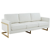 Modern mid-century upholstered white leather sofa with gold frame by Leisure Mod additional picture 2