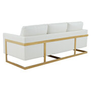 Modern mid-century upholstered white leather sofa with gold frame by Leisure Mod additional picture 6