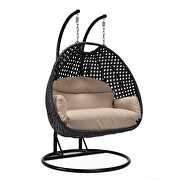 Beige cushion and charcoal wicker hanging 2 person egg swing chair by Leisure Mod additional picture 2
