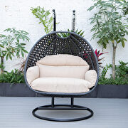 Beige cushion and charcoal wicker hanging 2 person egg swing chair by Leisure Mod additional picture 4