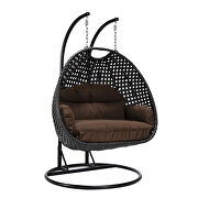 Brown cushion and charcoal wicker hanging 2 person egg swing chair by Leisure Mod additional picture 2