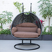 Brown cushion and charcoal wicker hanging 2 person egg swing chair by Leisure Mod additional picture 4