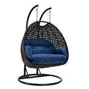 Blue cushion and charcoal wicker hanging 2 person egg swing chair by Leisure Mod additional picture 2