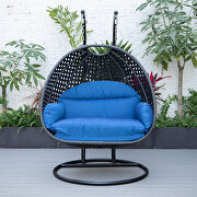 Blue cushion and charcoal wicker hanging 2 person egg swing chair by Leisure Mod additional picture 4