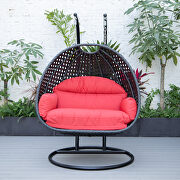 Red cushion and charcoal wicker hanging 2 person egg swing chair by Leisure Mod additional picture 4