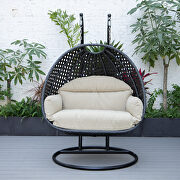 Taupe cushion and charcoal wicker hanging 2 person egg swing chair by Leisure Mod additional picture 4