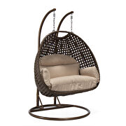 Beige cushion and dark brown wicker hanging 2 person egg swing chair by Leisure Mod additional picture 2