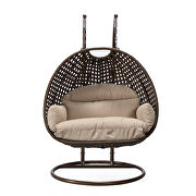 Beige cushion and dark brown wicker hanging 2 person egg swing chair by Leisure Mod additional picture 3