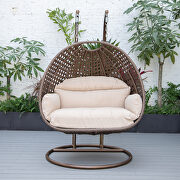Beige cushion and dark brown wicker hanging 2 person egg swing chair by Leisure Mod additional picture 4