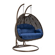 Blue cushion and dark brown wicker hanging 2 person egg swing chair by Leisure Mod additional picture 2