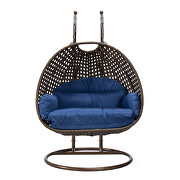 Blue cushion and dark brown wicker hanging 2 person egg swing chair by Leisure Mod additional picture 3